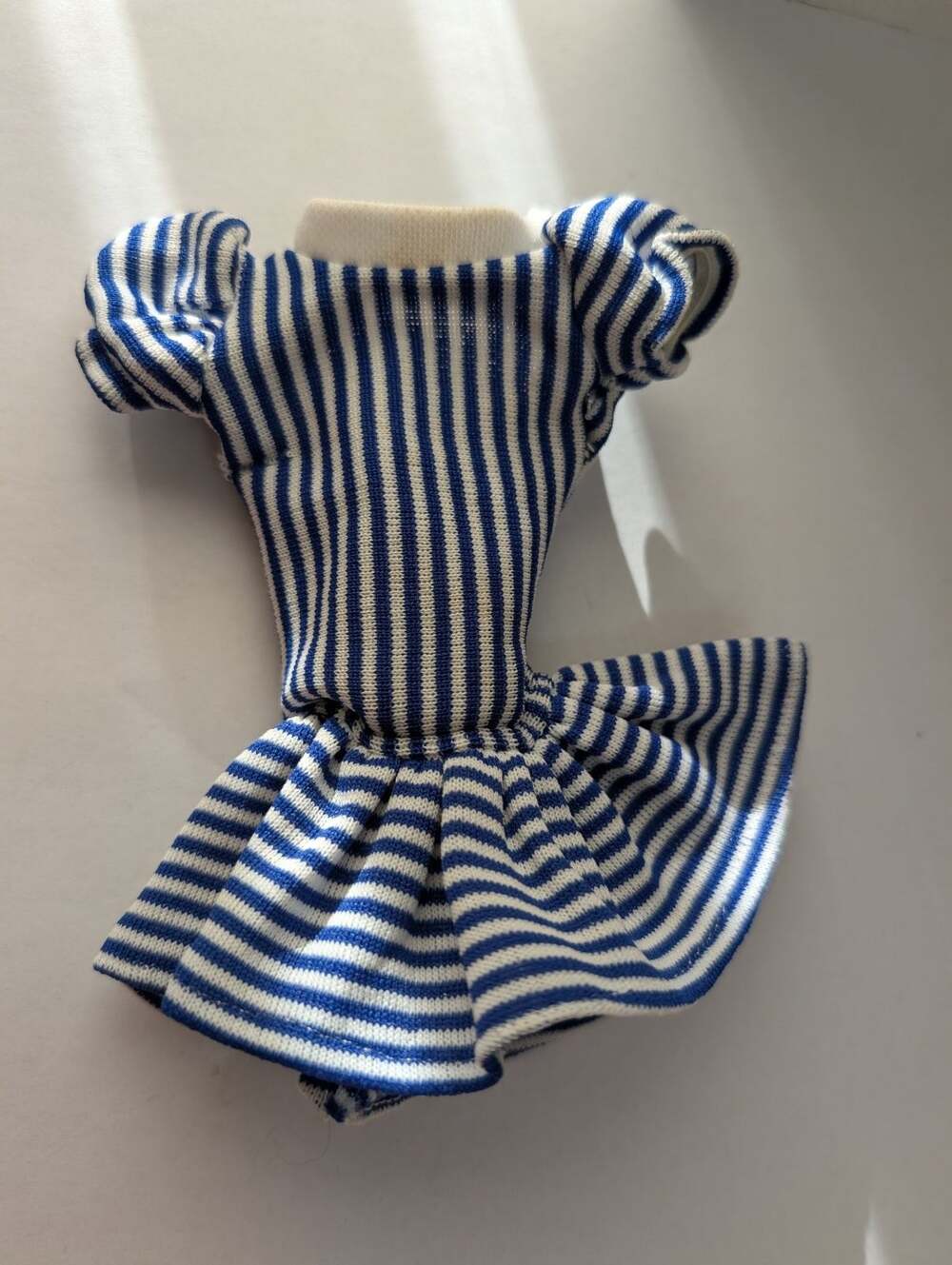 Vintage Style Doll Dress Blue White Stripe Puffed Sleeve Knit Barbie Fashion
